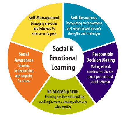 Colorful wheel divided into five important skills every student should learn.  